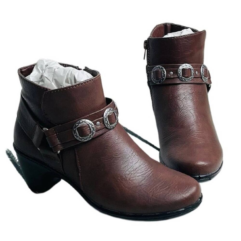 Easy Street Dark Brown Faux Leather Western Belt Ankle Booties Heel Boots 7 New